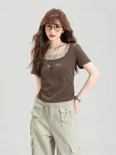 方襟ショートスリーブTシャツ【レディース・夏用・フィット感・文字プリント・トレンドデザイン】