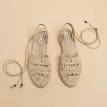 リボン付きフラットシューズ【厚底・草編み・ローマ風デザイン・春夏用】