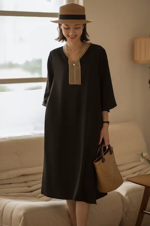 女性用ワイドスリーブシフォンドレス【ネット襟・コントラストカラー・春夏用】（セットアップ対応）