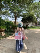 ブルー格子柄 ボトムス【した雰囲気・ハイウエスト・マキシ丈】（セットアップ対応）