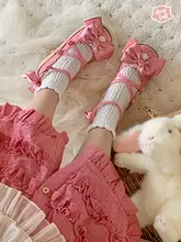 クリームサテンのロリータ風ラバーシューズ【リボン付き・厚底・フワフワデザイン】