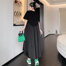 Tシャツ風デザインの不規則Aラインマタニティドレス【夏用・ゆったり・ミドル丈】（セットアップ対応）