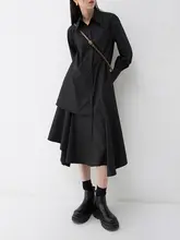 ポロ 不対称デザイン シャツワンピース【中長丈・高級感・ブラック】