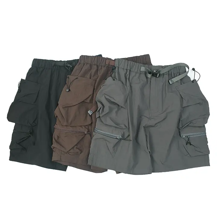 アウトドア機能性 日本風ビンテージ タッチ素材 多ポケット作業用ショートパンツ【日常使い・フィット・膝上丈】