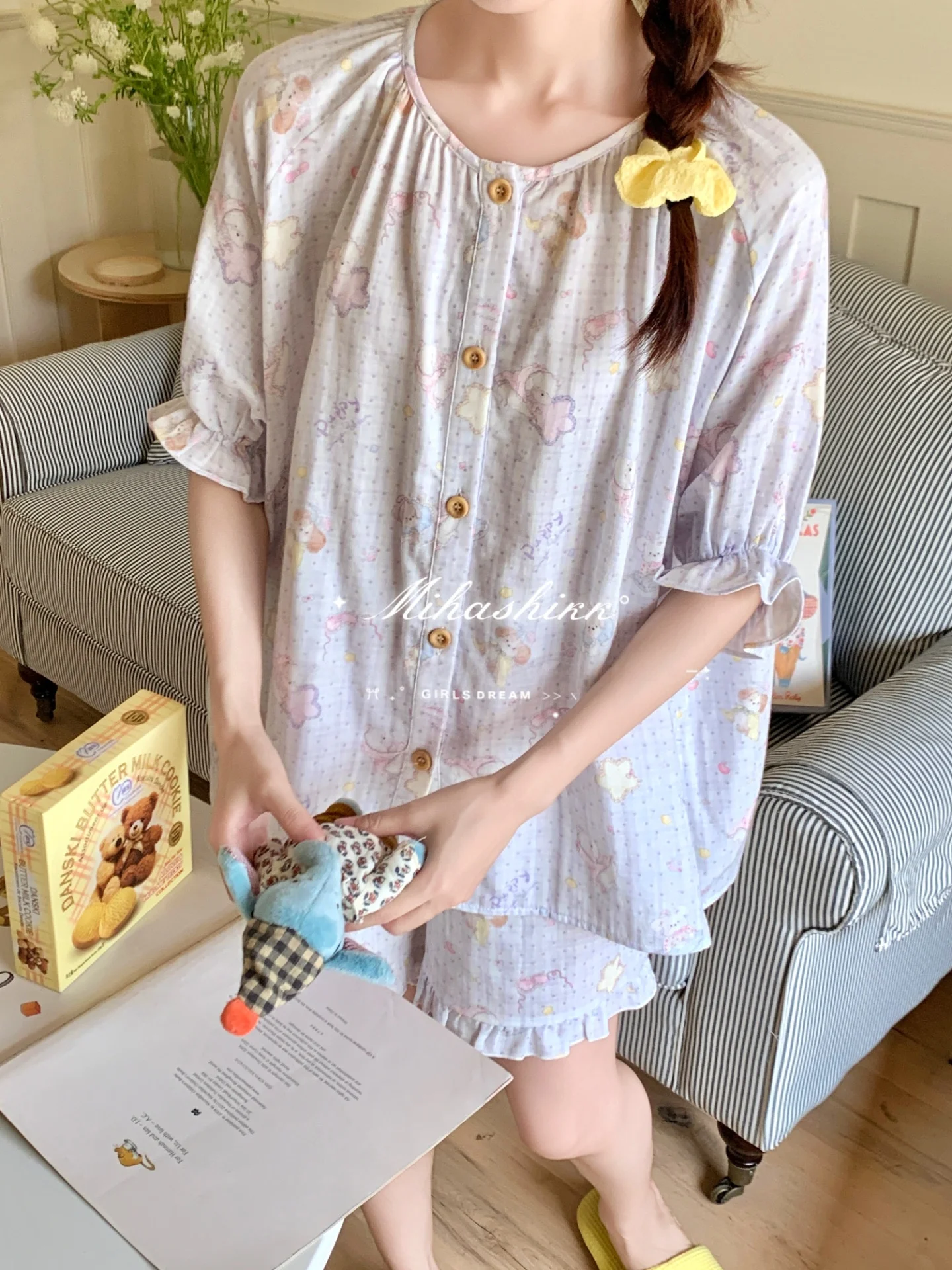 お泊まりコーデの定番として人気のフリル半袖ショートパンツ：全棉二重ガーゼの夏用ホームウェア
