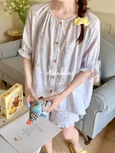 九色の甘美なフリル付き半袖ショートパンツ【全棉・二重ガーゼ・夏用・女性用・ホームウェア】（セットアップ対応）