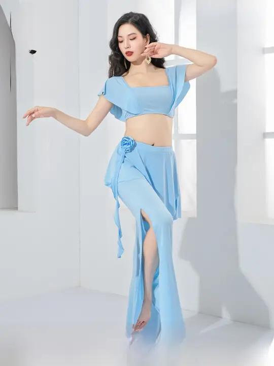 優雅なデザインのベリーダンス衣装【花柄・スリット入りワイドパンツ・練習用】