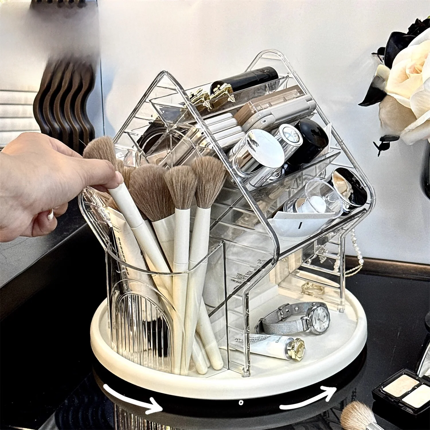 アクリル新ハイグレード 化粧品 収納ケース：透明360°回転設計で効率的な収納を実現