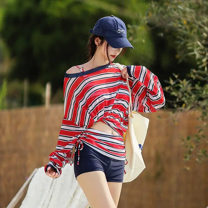 絶妙なデザインの女性用ビキニ【三点セット・長袖カバー・日焼け防止・フィット】（セットアップ対応）