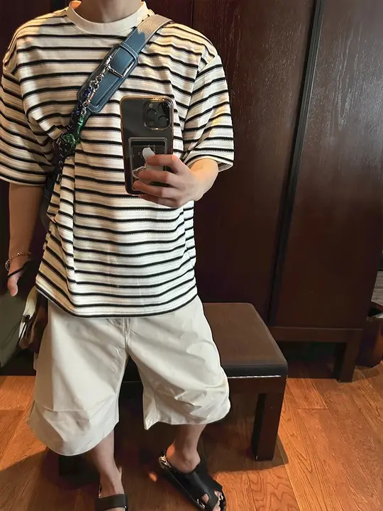 ストライプ柄 メンズ 半袖Tシャツ【小さな襟・フィット・ニット】