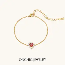 ブレスレット レディース ハート ストーン レッド 高級感 繊細 ギフト 「Onchic」
