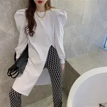 トレンドデザインの開襟Tシャツ【パフスリーブ・ミディアム丈】（セットアップ対応）