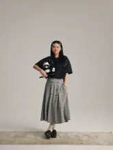 牛角ボタン付きレトロチェック柄ウエストゴムスカート【抗しわ・カジュアル】