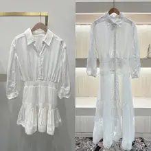 春季新作のレース付き刺繍透かし泡袖ブラウスドレス【フレンチスタイル・白】