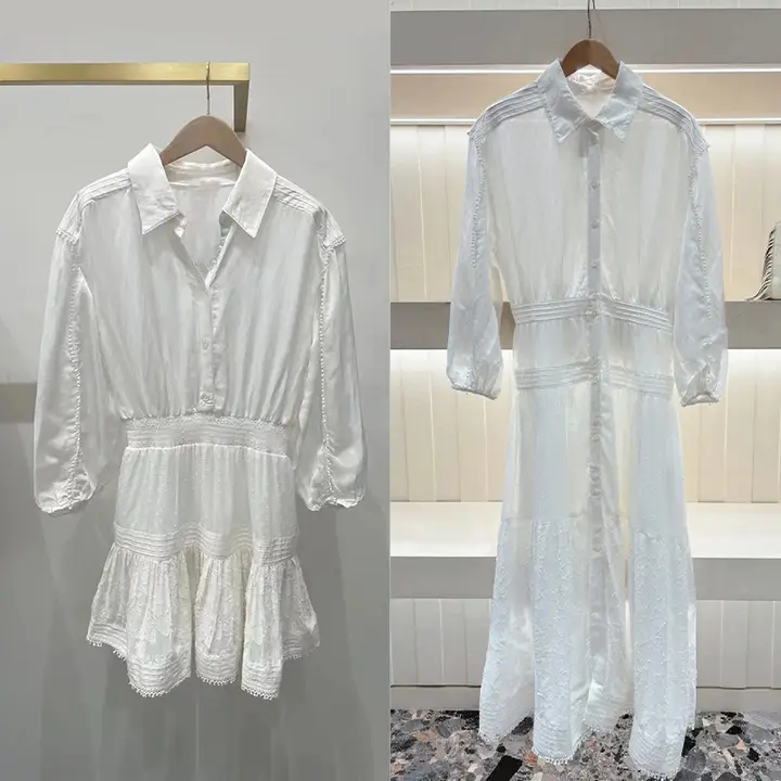 春季新作のレース付き刺繍透かし泡袖ブラウスドレス【フレンチスタイル・白】