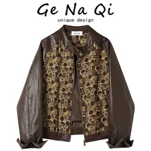 ファッションプリントのPUレザーのデニムジャケット【秋用・レトロデザイン・女性用】