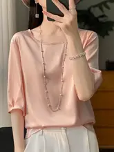 春夏用 ラウンドネック 絹製 半袖 レディースサテンTシャツ【ゆったり薄手・絹とアセテート】