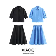 シンプルで合わせやすい半袖カラーシャツとフレアスカート【女性用・春夏向け】（セットアップ対応）