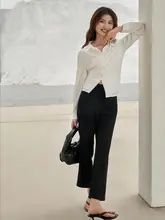 高腰ブラックストレートパンツ【夏用・後ろスリット・デザイン性のあるカジュアル】（セットアップ対応）