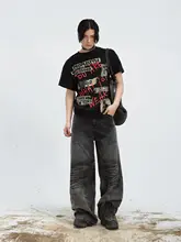 ヴィンテージ風 褶皺デザインストレートデニムパンツ【ウォッシュブラック・フィット・カジュアル】