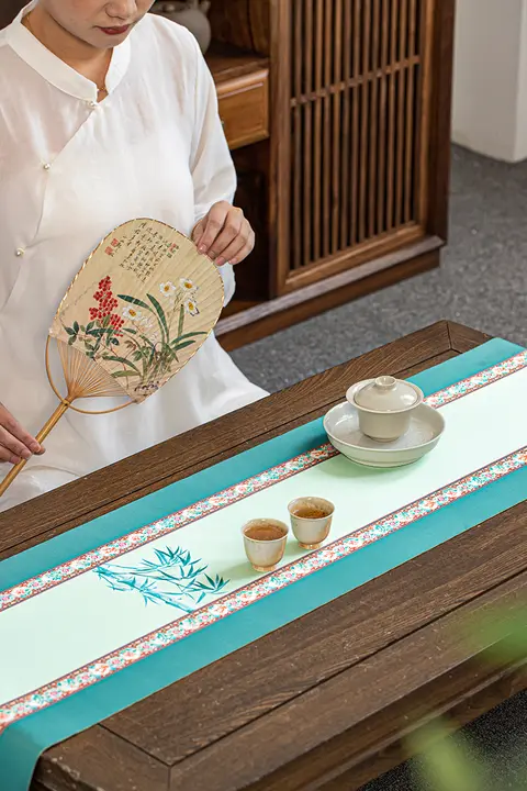 防水の茶席用テーブルクロス【中式デザイン・軽やかなアイスシルク・大サイズ】