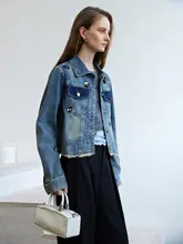 立体的なビーズ装飾花柄のブルーウォッシュデニムジャケット【女性用・秋季・ショート丈】