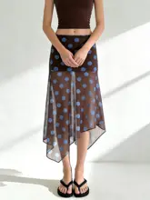 ビンテージ風 ドット模様のアシンメトリーフレアスカート【女性用・ネット素材・ローレイズデザイン】（セットアップ対応）