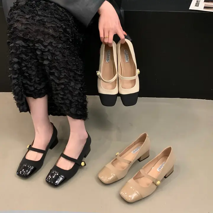 春秋用 マリージェン風 レディース シューズ【クッション性のある太ヒール・レトロデザイン・フラットソール】（セットアップ対応）