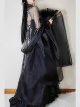 ブラック漢服 女性用 刺繍入り大袖シャツとスカートのセット【春夏用・ふんわりした印象】（セットアップ対応）