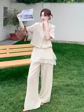 通勤向けシンプル短袖スーツ【女性用・スタイルアップ・ワイドパンツ・軽やか】（セットアップ対応）