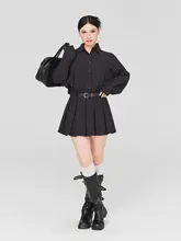 大きいサイズ チェック柄 ロングスリーブ ポロ襟 ウエストを絞ったAラインワンピース【春用・高級感あり】
