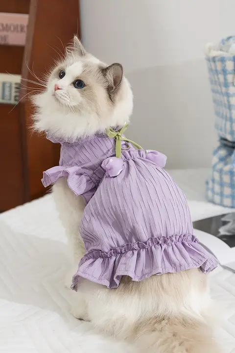 ペットウェア 猫用 ワンピース チューリップ柄 プリーツ 通気性 プリンセス風 春夏 成猫 無毛猫