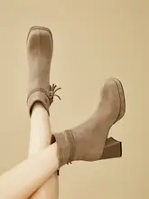 冬用ヒールブーツ【加絨・スリムデザイン・スクエアトゥ・太ヒール】