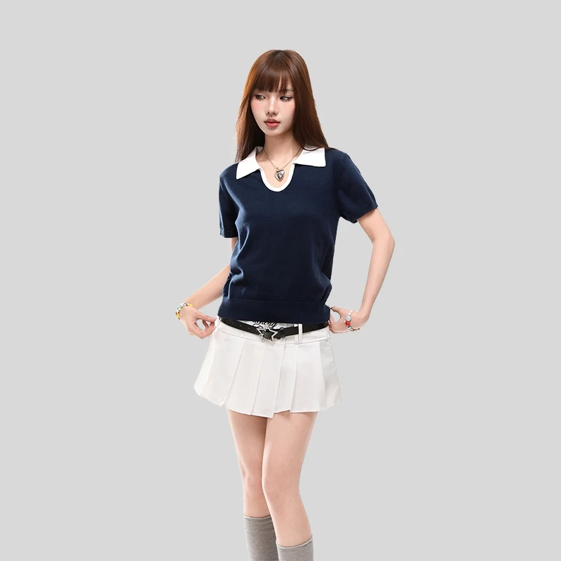 ポロ襟の配色半袖Tシャツ【女性用・ウエストシェイプ・夏用】