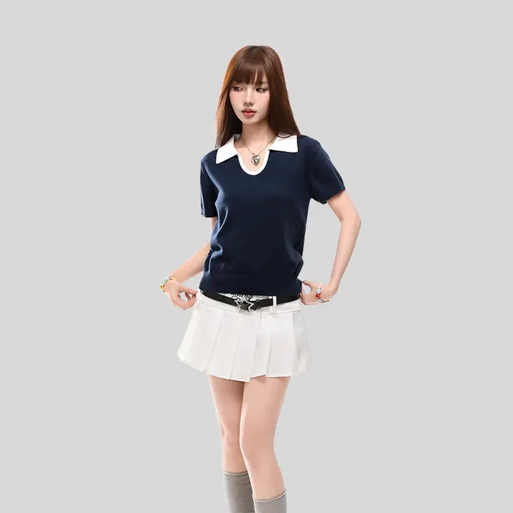 ポロ襟の配色半袖Tシャツ【女性用・ウエストシェイプ・夏用】