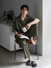 夏用 メンズルームウェア【薄手・半袖・長パンツ・純綿・リトロチェック柄・カーディガン風・外出可能】（セットアップ対応）