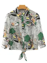 春用のシンプルデザイン！雪纺プリントブラウス【トレンド感あるリボン付き・通勤用】