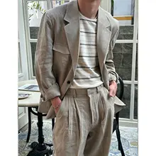 麻製カジュアルジャケット【春秋用・アメリカン＆イギリススタイル・ダブルプリーツパンツ・二件組（セットアップ対応）】