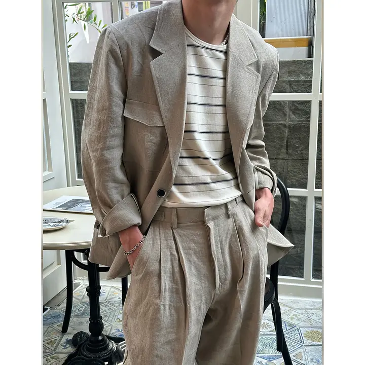 麻製カジュアルジャケット【春秋用・アメリカン＆イギリススタイル・ダブルプリーツパンツ・二件組（セットアップ対応）】