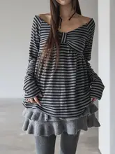 レトロストライプオフショルダー長袖Tシャツ【リボン付き・ゆったり・春用】