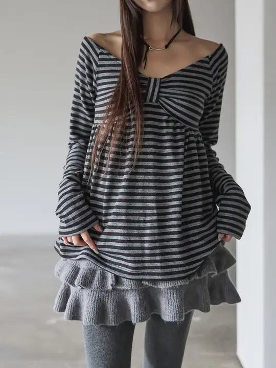 レトロストライプオフショルダー長袖Tシャツ【リボン付き・ゆったり・春用】