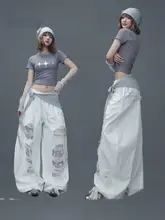 白色デザインパンツ【牛仔生地・貼布・破れ加工・ジャズスタイル・ダンス用】