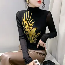 エレガントな刺繍トップス【女性用・秋用・高ニット・ネット素材・タイトフィット・長袖Tシャツ】