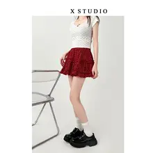 大きいサイズの赤いドット柄ハイウエストスカート【夏用・フレア・ふんわりデザイン】（セットアップ対応）