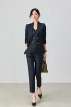 高級感漂うネイビー職業用スーツ【女性用・面接・ベスト付き・3ピース】（セットアップ対応）
