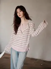 独特なデザインのピンクストライプ長袖Tシャツ【春用・韓国風・小柄向け】