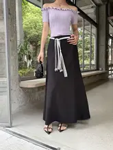 夏用 Aライン中長スカート【無地・細ストラップ・ハイウエスト・スリム効果】