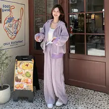 紫色のカジュアルフード付きパーカー【秋用・韓国風・小柄向け・ワイドパンツ・スポーツ】（セットアップ対応）