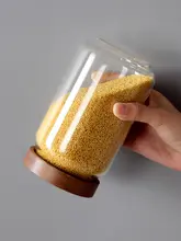 木製蓋付きガラス密閉容器【キッチン用・穀物・パスタ・コーヒー保存に最適】