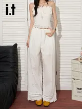 白色レース透かしデザイン ワイドレッグパンツ【九分丈・フィット・女性用】